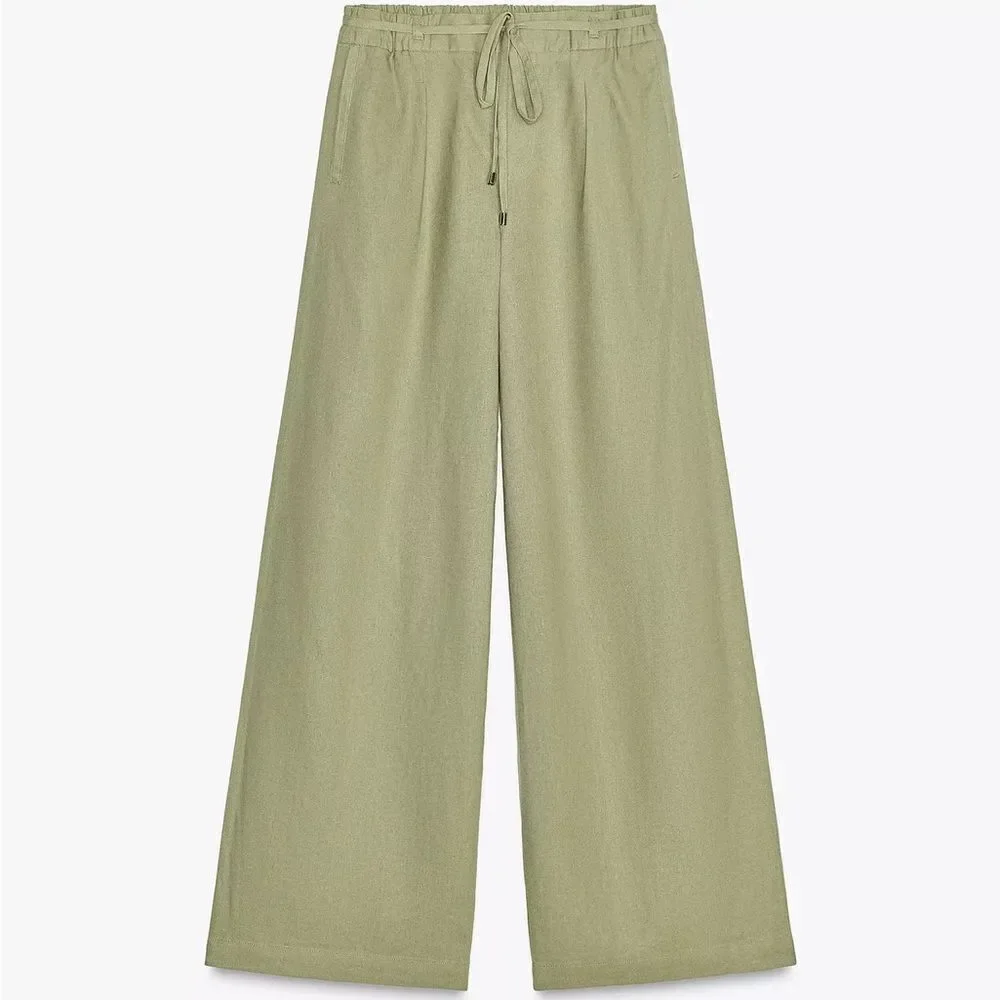 ZARA WIDE LEG LINEN PANTS WITH BELT